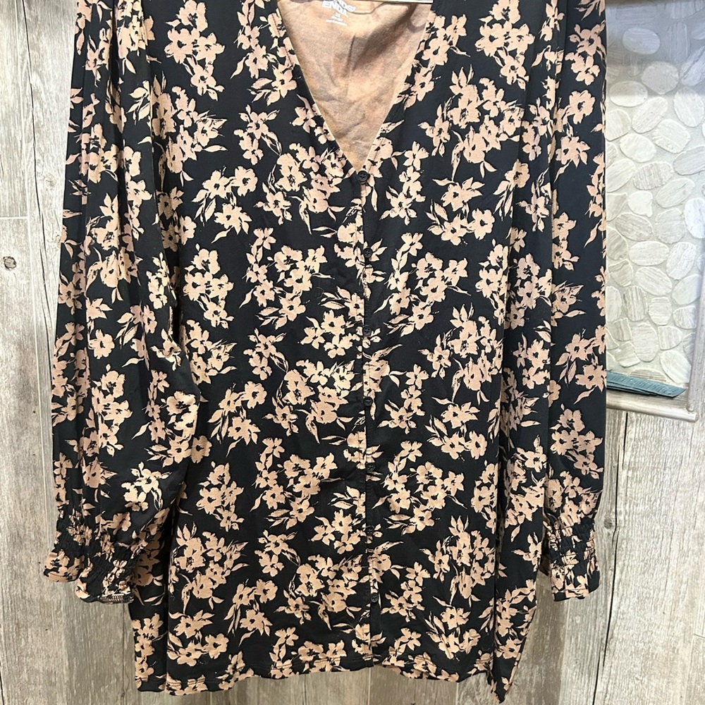 2X Lands' End Black and Tan Floral Blouse